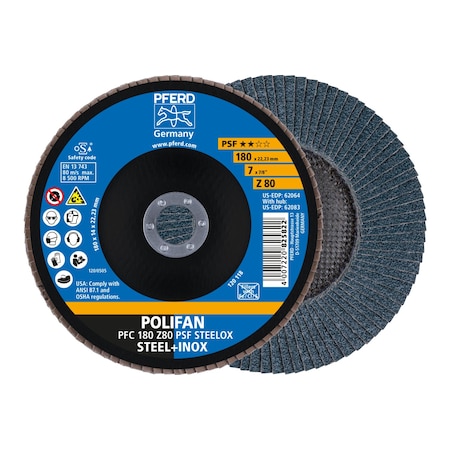 Pferd 7" x 7/8" A.H. POLIFAN Flap Disc - Z PSF STEELOX, Zirconia, 80 Grit, Conical 62064